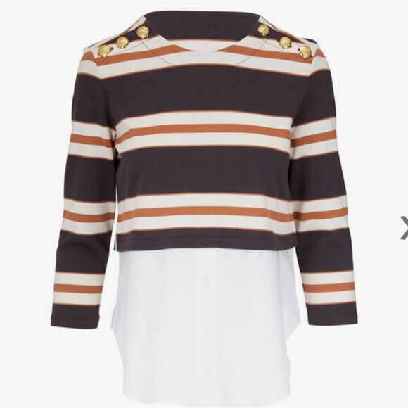 Veronica Beard Bertie Cotton Layered Top in Charcoal Multi M - Picture 2 of 14